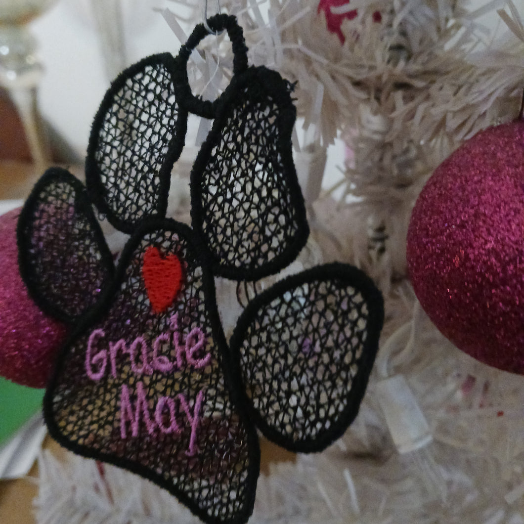 Free Standing Custom Lace, Dog Print with Favorite Name Embroidered